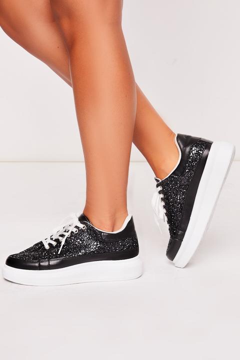 Tia Black Sparkling Glitter Chunky Sole Trainers