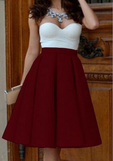 Wine Red Plain Draped High Waisted Fashion Skirt