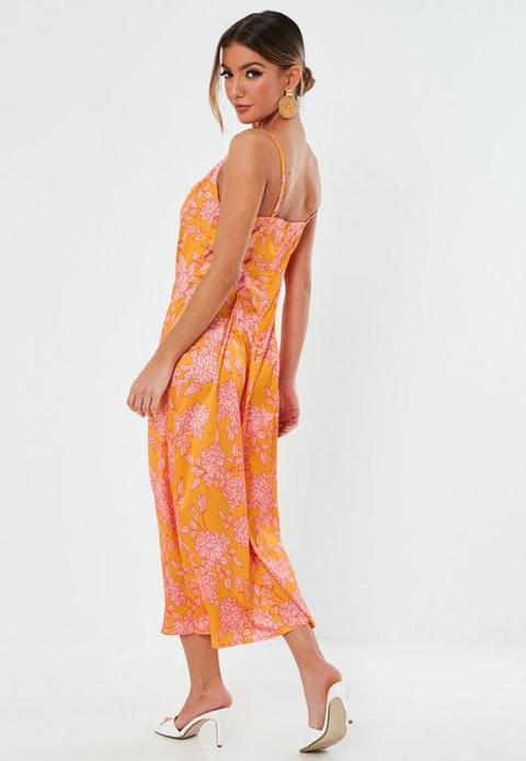 orange floral satin dress