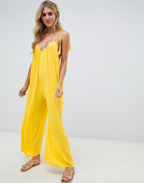 Asos Design - Combinaison De Plage Effet Froissé À Dos Bas Et Lien À Pampilles - Jaune