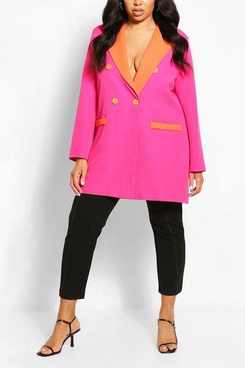 Womens Plus Contrast Detail Longline Blazer - Pink - 22, Pink