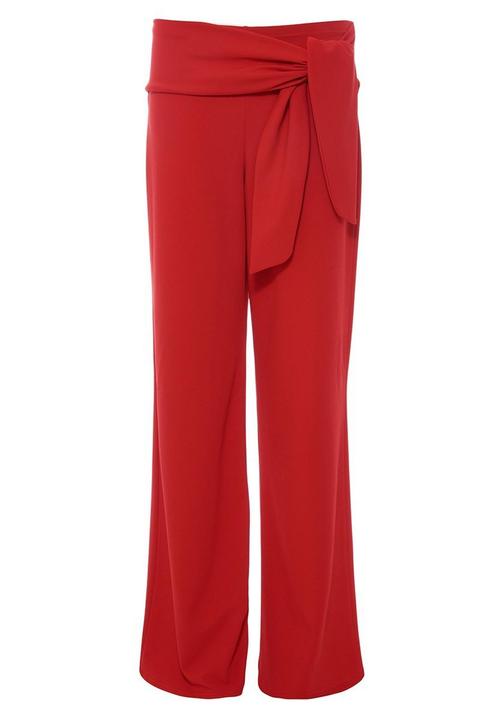 Red Crepe Tie Belt Palazzo Trousers