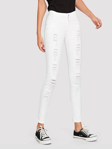 Casuale A Tinta Unita Strappato Bianco Pantaloni Di Jeans