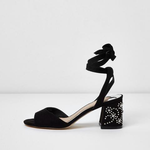 Black Tie Up Studded Block Heel Sandals