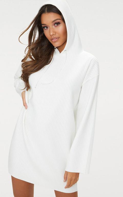 White Ribbed Hooded Jumper Dress, White