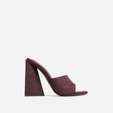 Avalon Wide Fit Square Peep Toe Sculptured Flared Block Heel Mule In Dark Brown Faux Suede