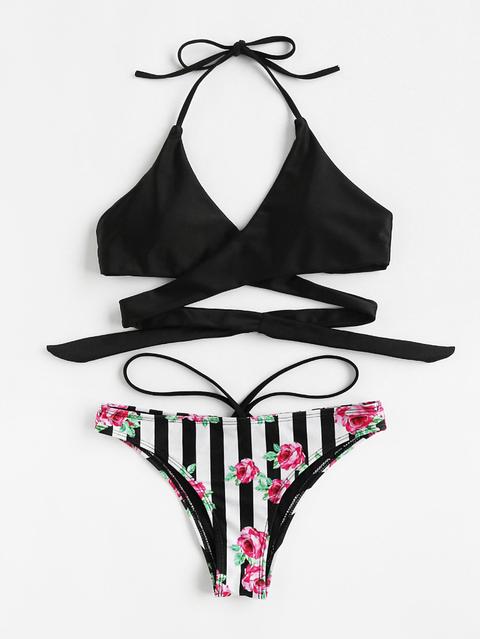 Striato E Fiore Stampa Wrap Set Di Bikini Auto Lega