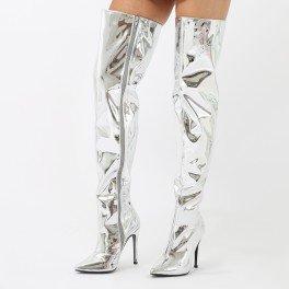 Poison Over The Knee Foil Boots In Silver Metallic