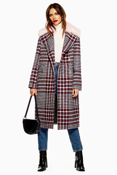 Checked coat clearance with fur collar