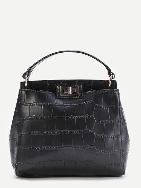 Black Crocodile Embossed Twist Lock Tote Bag