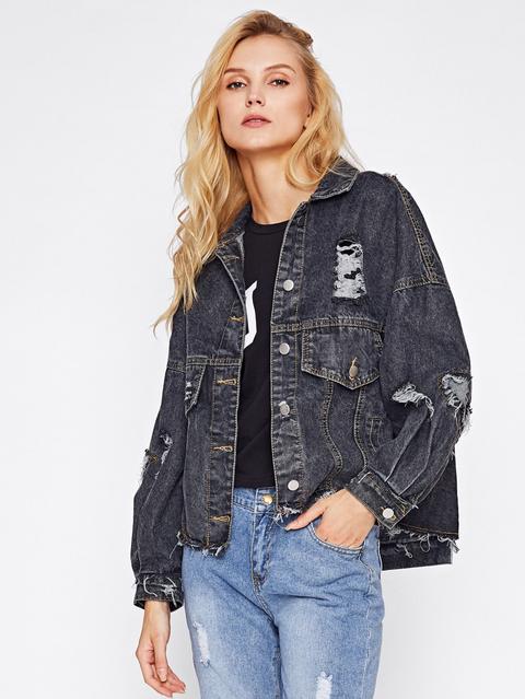 Ripped Frayed Drop Shoulder Denim Jacket