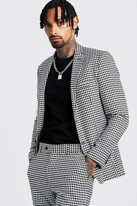 Mens Black Skinny Fit Large Dogtooth Suit Jacket, Black