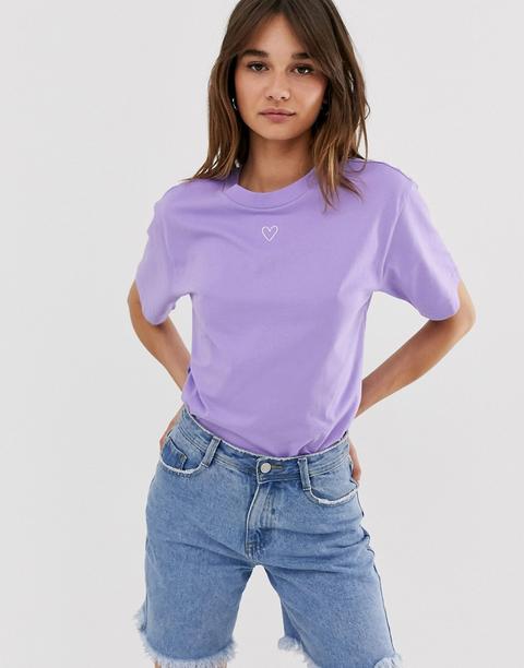 Monki - T-shirt Girocollo Oversize Lilla Con Logo A Cuore - Viola