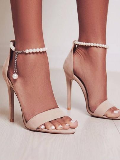 Sandalias Tacón De Punta Redonda Moda De Cadena De Perlas De Tacón Alto Beige