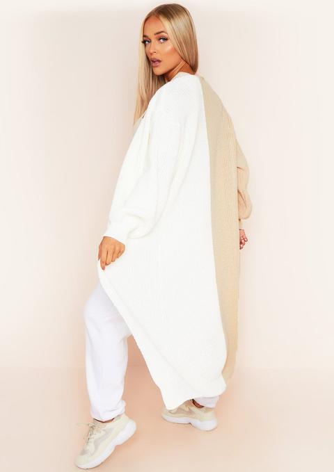 Chantel Beige Cream Contrast Spliced Longline Knitted Cardigan