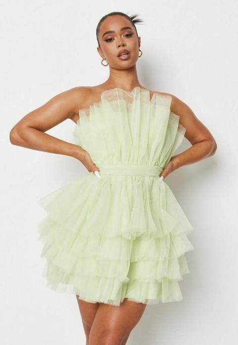 Lime Tulle Ruffle Bandeau Mini Dress, Lime