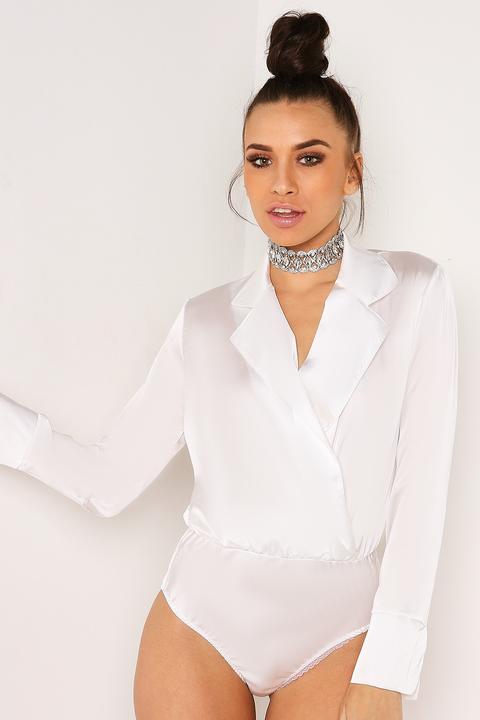 White Satin Plunge Front Shirt Bodysuit