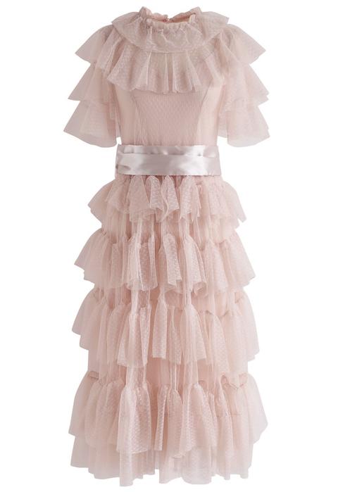Sassy Romance Tiered Mesh Dress In Nude Pink