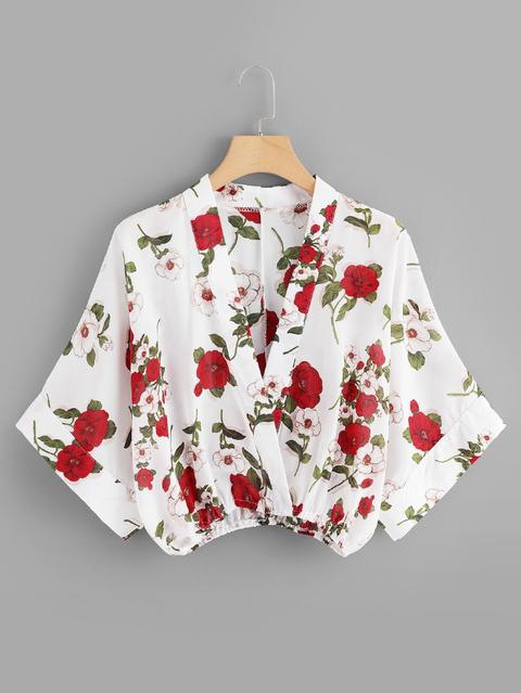 Blusa De Manga De Kimono Con Estampado Floral