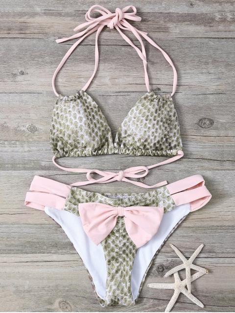 Piel De Serpiente De Impresión Del Bowknot Cadena Bikini Embellecido