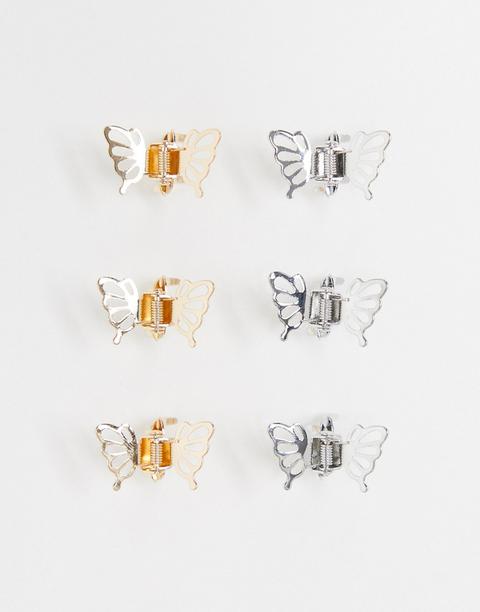 Asos Design Pack Of 6 Hair Clip Claw In Metal Butterfly Design-multi