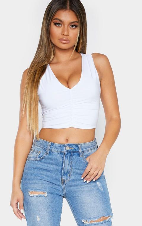 White Slinky Ruched Front V Neck Crop Top