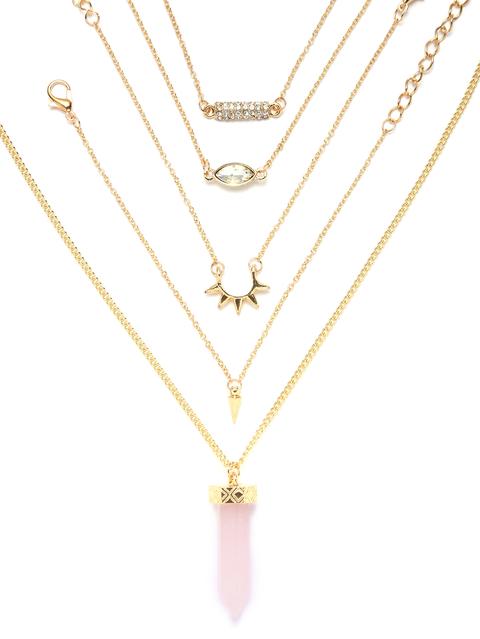 Pink Crystal Pendant Necklace With 4pcs Bracelet