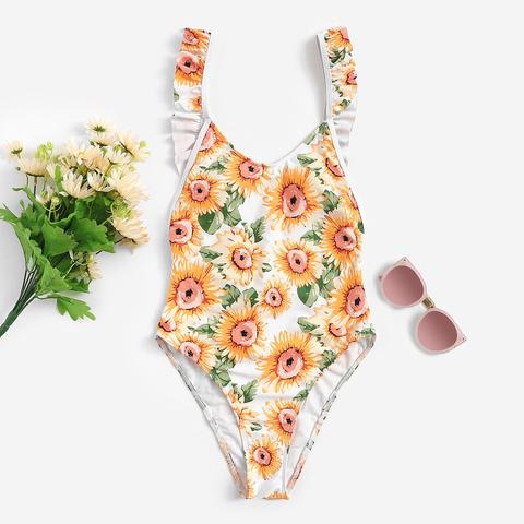 Bañador Una Pieza De Espalda Abierta Fruncido Floral Al Azar
