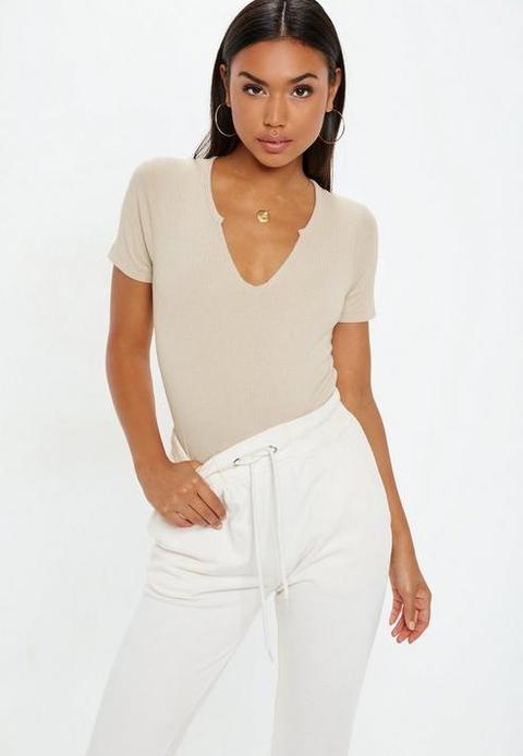 Sand Notch Neck Ribbed Bodysuit, Sand