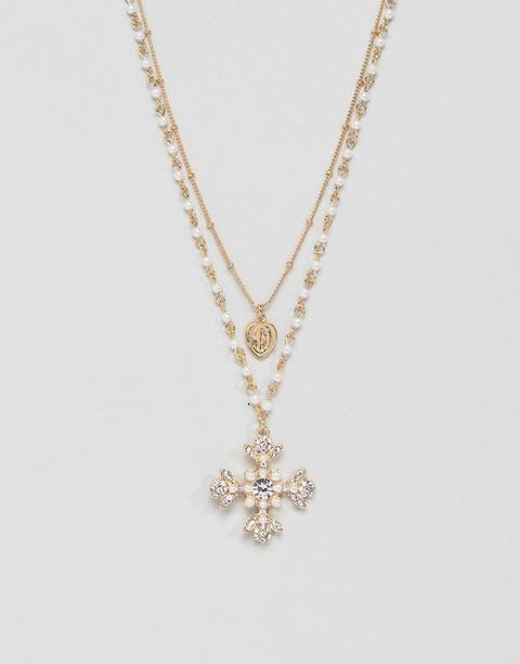 Asos Design Multirow Necklace With Pearls And Vintage Style Jewel Cross Pendant In Gold