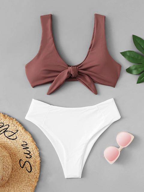 Set De Bikini De Dos Colores Con Nudo Delantero
