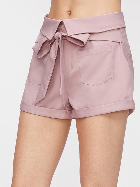 Shorts Doblado Con Cordón En La Parte Delantera Rosa