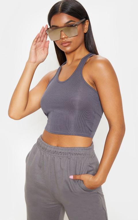 Charcoal Grey Rib Racer Back Crop Top