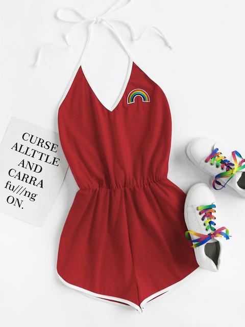 Rainbow Patch Contrast Binding Halter Romper