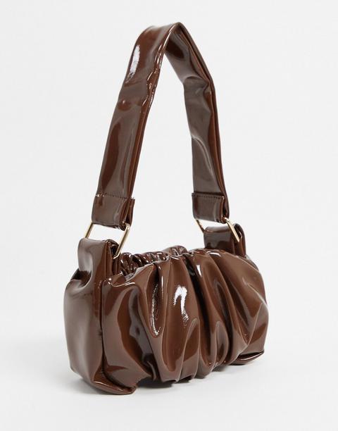 Asos Design Ruched 70s Shoulder Bag With Hardware Strap In Brown Patent