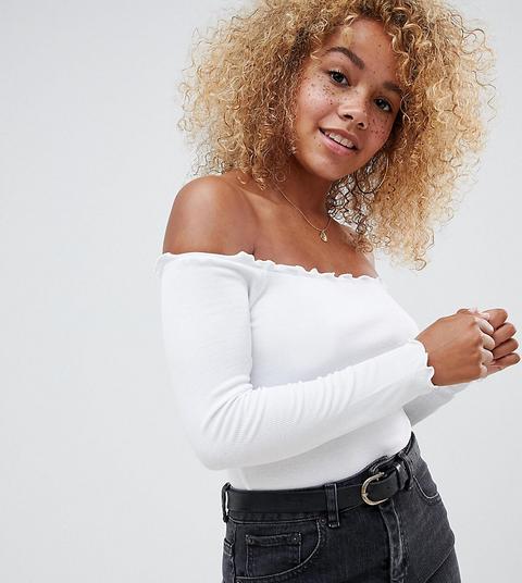 Asos Design Petite Off Shoulder Body With Long Sleeves And Lettucing In White