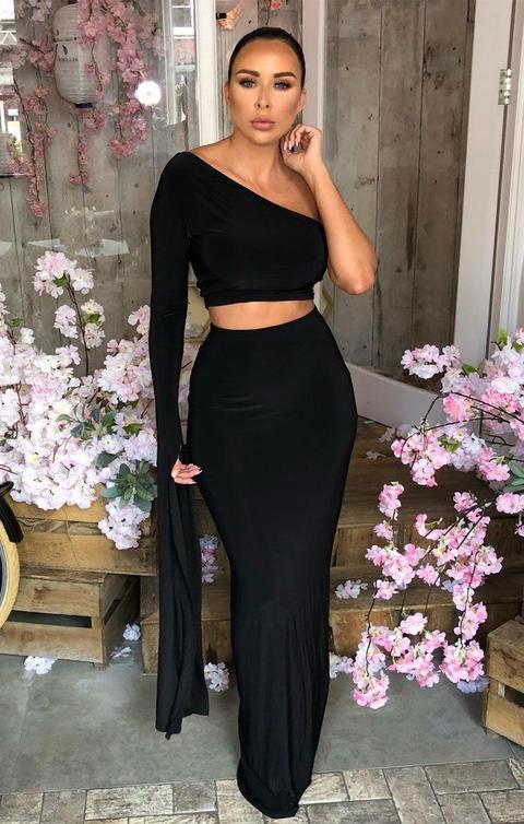 Black One Shoulder Split Sleeve Maxi Skirt Co-ord - Lina