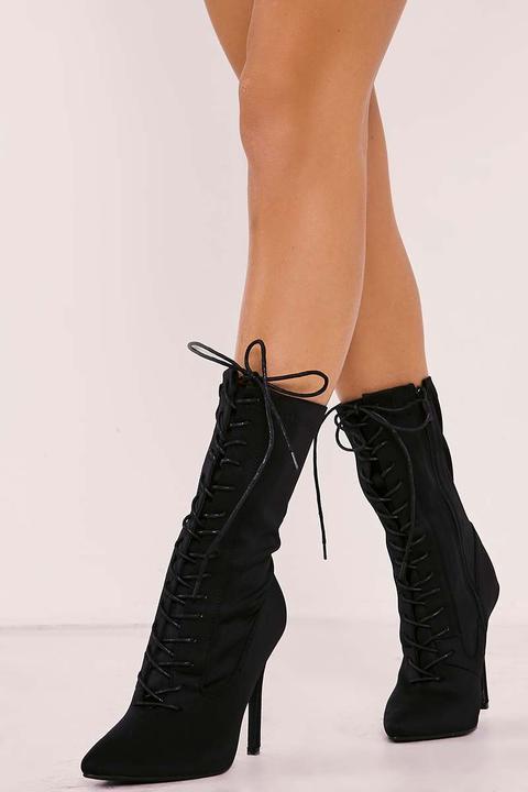 Black Boots - Stassi Black Lace Up Heeled Sock Boots