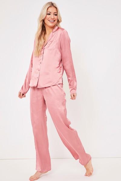 Nicky Dusky Pink Satin Shirt Pyjamas Set