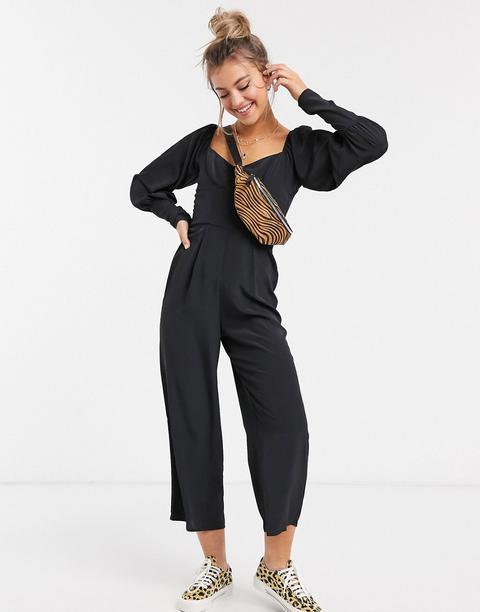 Asos Design Square Neck Puff Sleeve Jumpsuit In Black