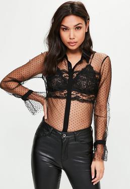 Schwarz Dobby Mesh Bluse