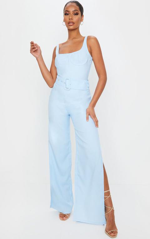 Dusty Blue High Waisted Belt Detail Wide Leg Trouser