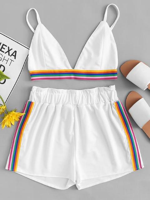 Top De Tirante Con Cinta De Rayas De Arcoíris Con Shorts