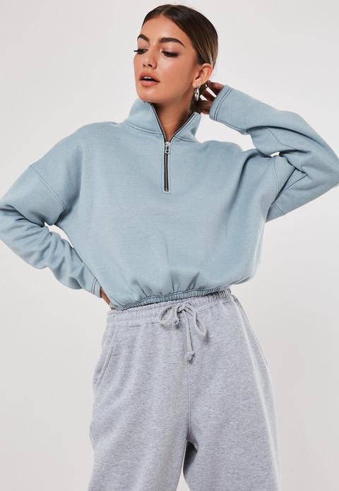 Blue Zip Front Gathered Waist Sweatshirt