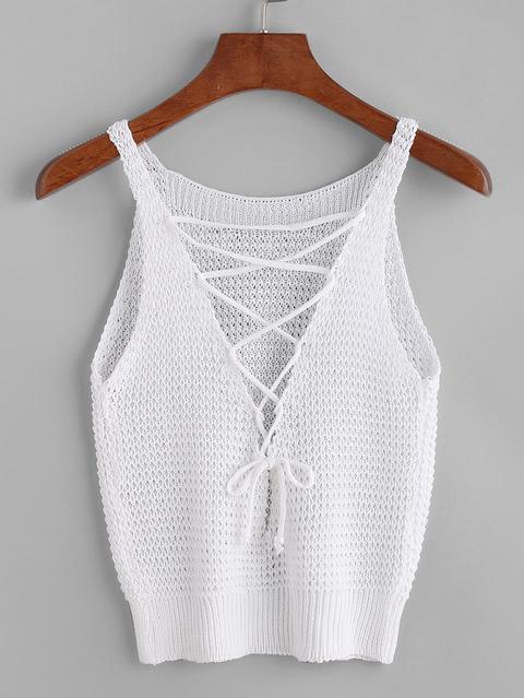 Off White Lace-up Front Crochet Top