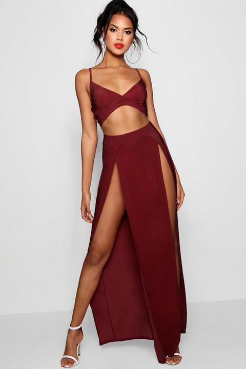 Womens Slinky Bralet & Split Maxi Skirt Co-ord - Red - 10, Red