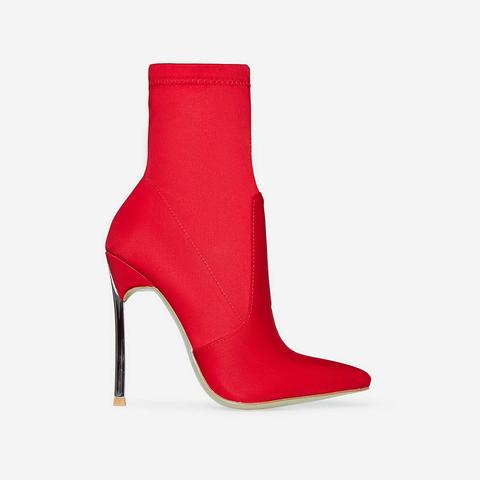 Ava Skinny Heel Pointed Toe Sock Boot In Red Lycra, Red