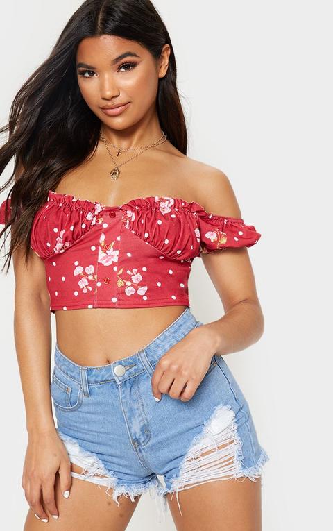 Red Ditsy Floral Jersey Frill Bardot Cup Detail Crop Top