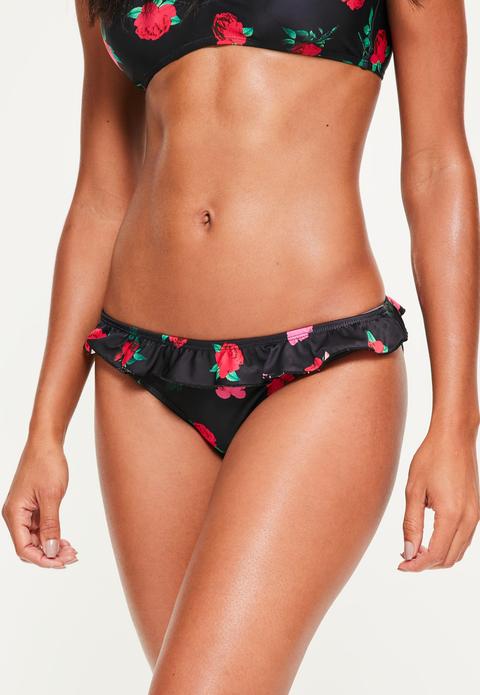 Black Rose Print Frill Hipster Bikini Bottoms - Mix & Match