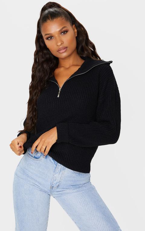 Black Zip Through Oversized Knitted Jumper